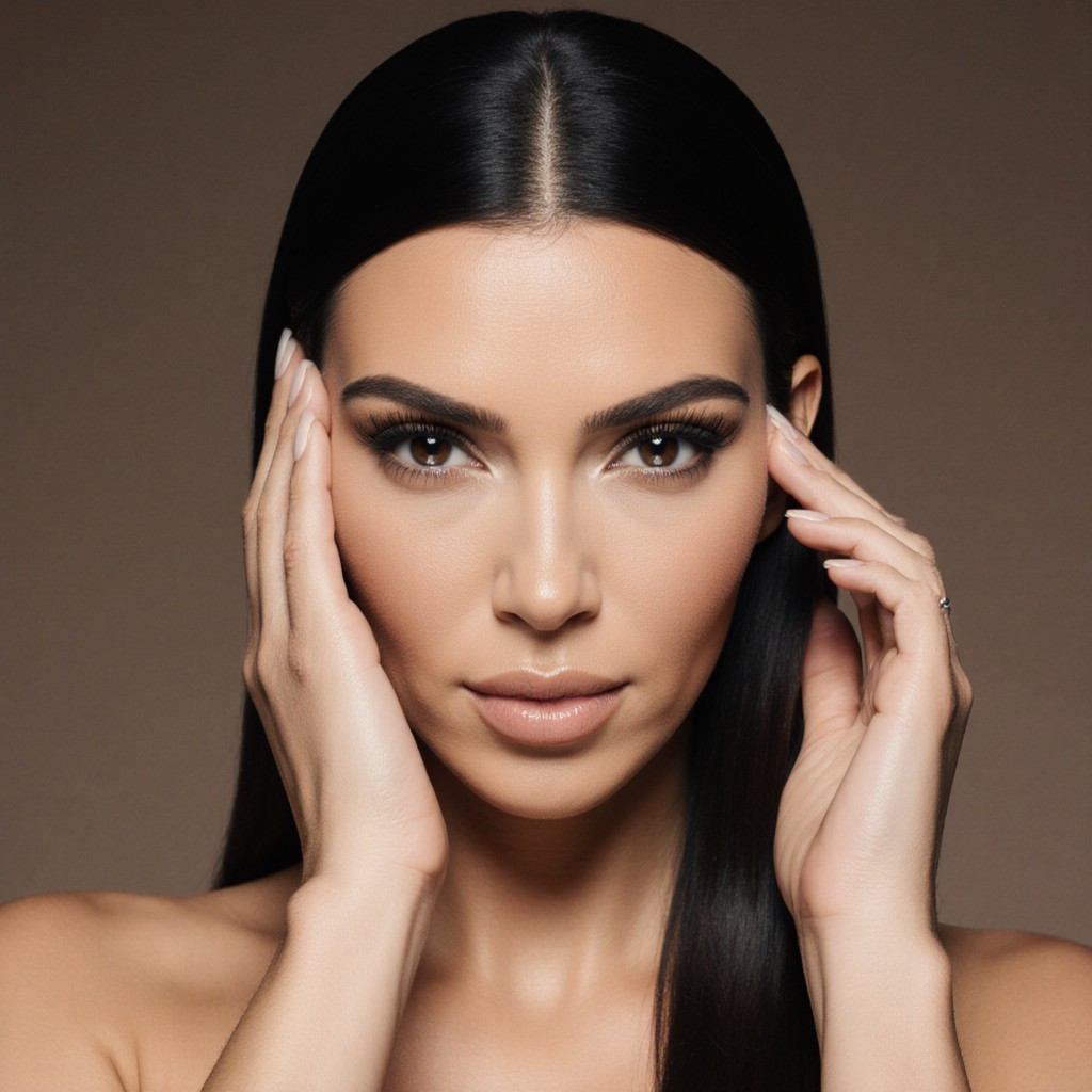 Femme glamour au regard intense, maquillage nude et cheveux lisses bruns, style photo studio mode
