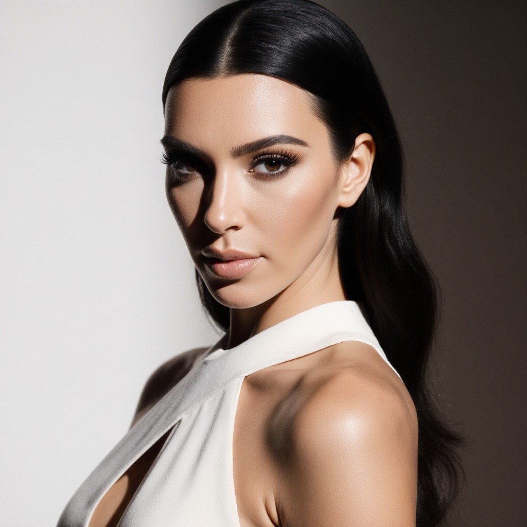 Femme brune élégante en robe blanche, pose mode éditoriale sur fond clair