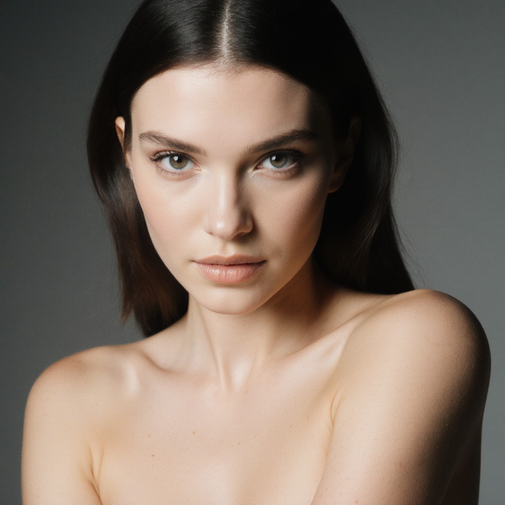 Femme brune au regard intense, maquillage naturel et coiffure lisse, photo studio mode