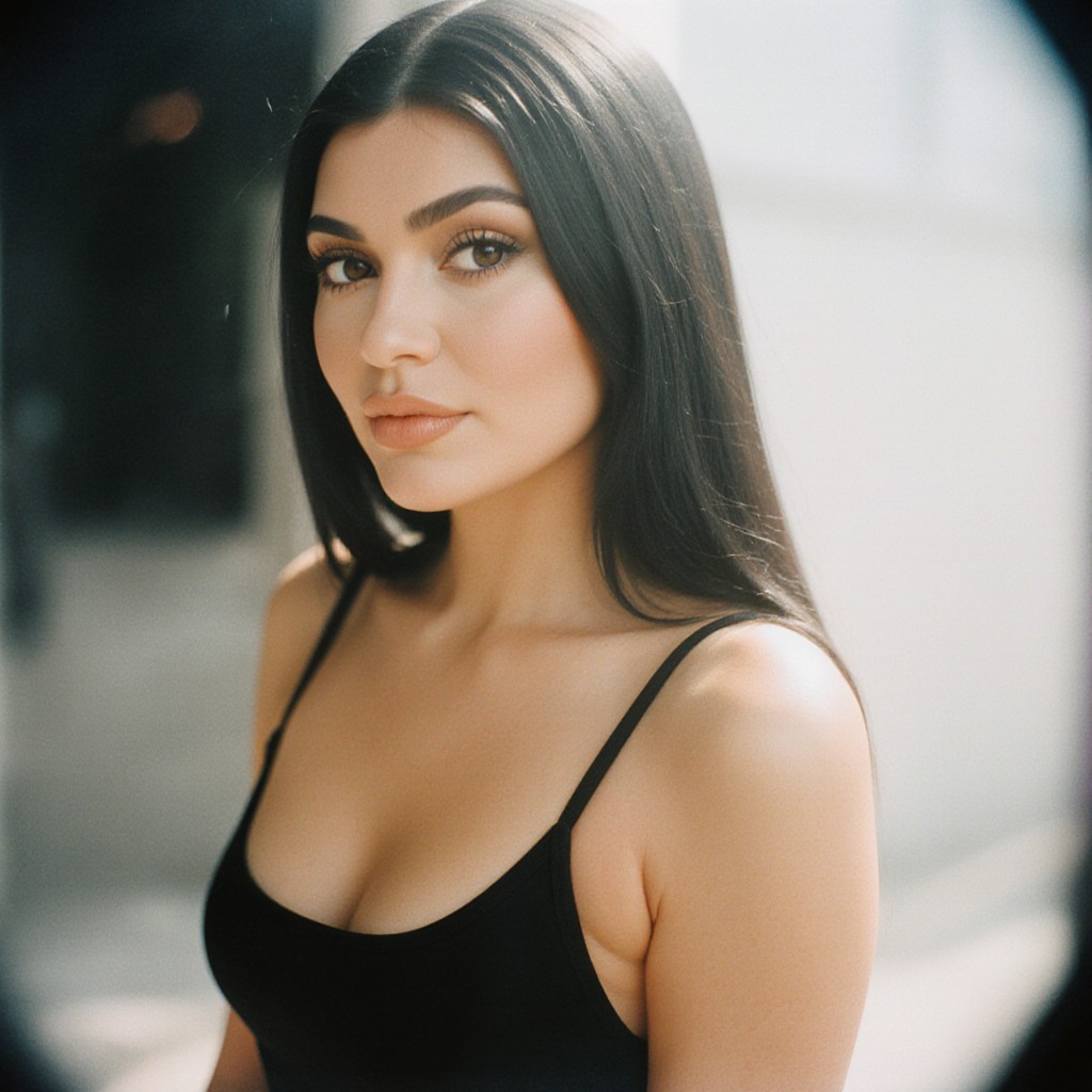Kylie Jenner maquillage nude et regard glamour, photo de mode 2025